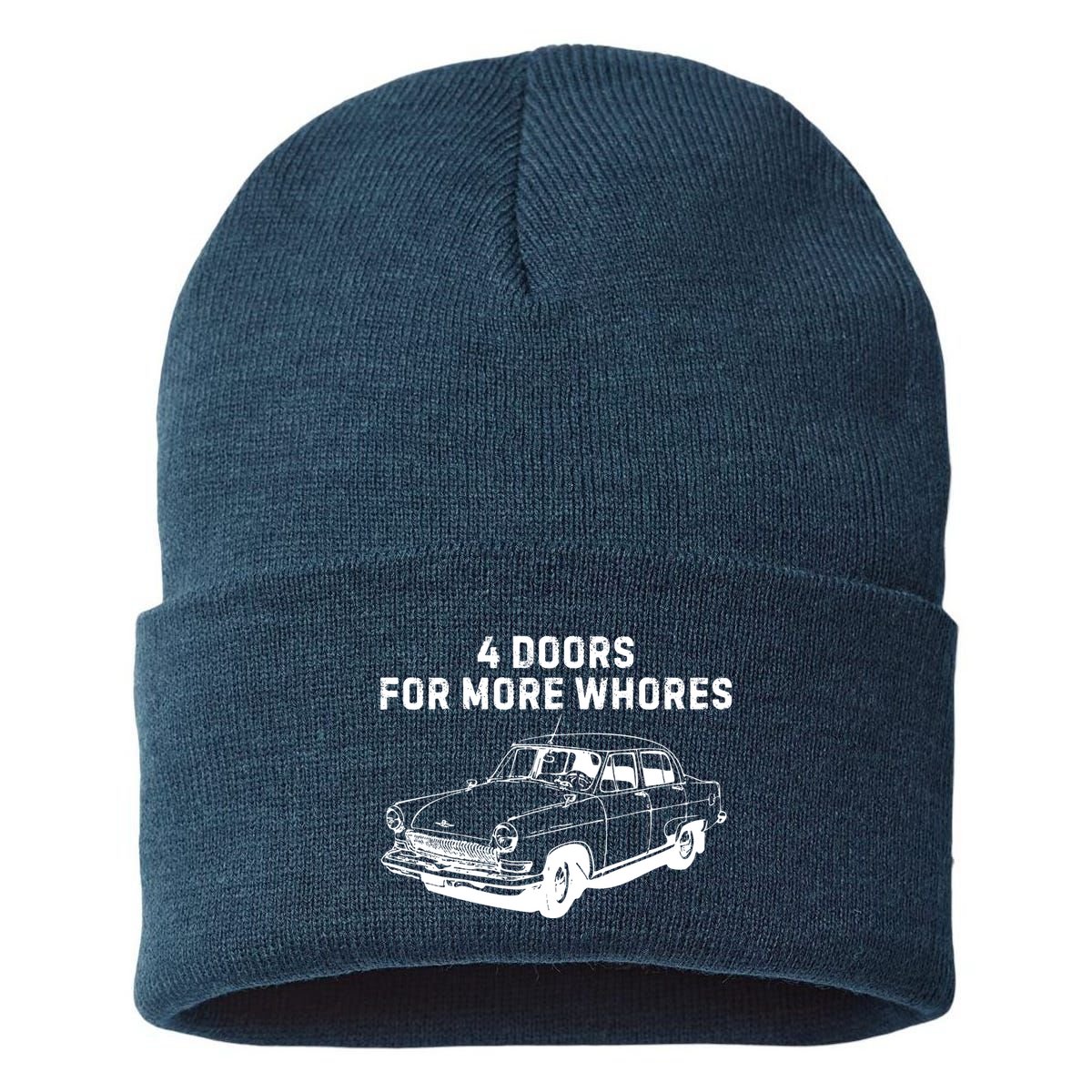4 Doors For More Whores Funny Muscle Car Sustainable Knit Beanie