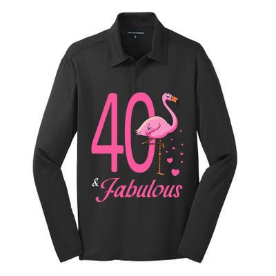 40 & Fabulous Flamingo Birthday 40th Party Celebration Silk Touch Performance Long Sleeve Polo