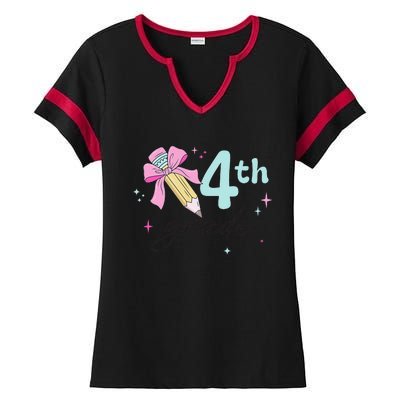 4th Grade Bow Pencil Cute Back To School First Day Of School Ladies Halftime Notch Neck Tee