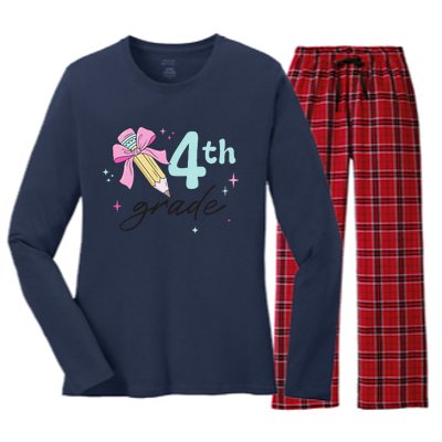 4th Grade Bow Pencil Cute Back To School First Day Of School Women's Long Sleeve Flannel Pajama Set 