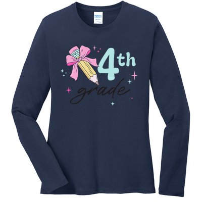 4th Grade Bow Pencil Cute Back To School First Day Of School Ladies Long Sleeve Shirt