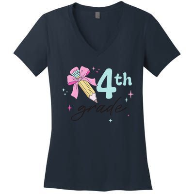 4th Grade Bow Pencil Cute Back To School First Day Of School Women's V-Neck T-Shirt