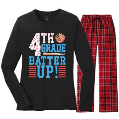 4th Grade Back To School 4th Grade Batter Up Baseball Women's Long Sleeve Flannel Pajama Set 