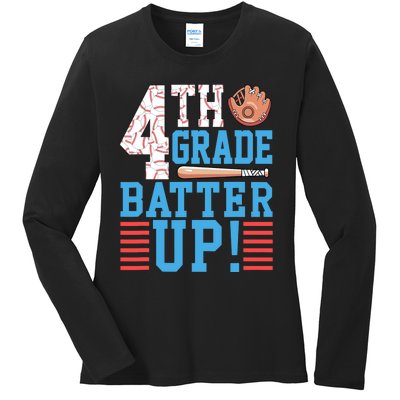 4th Grade Back To School 4th Grade Batter Up Baseball Ladies Long Sleeve Shirt