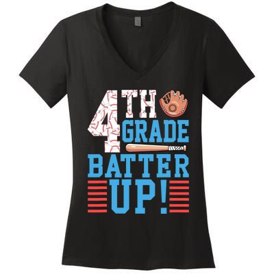 4th Grade Back To School 4th Grade Batter Up Baseball Women's V-Neck T-Shirt