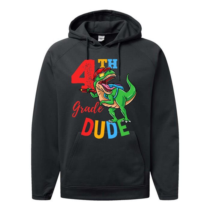 4th Grade Dude TRex Dinosaur Back To School Performance Fleece Hoodie