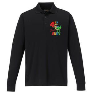 4th Grade Dude TRex Dinosaur Back To School Performance Long Sleeve Polo