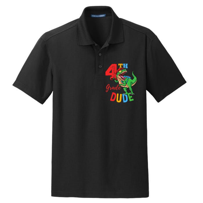 4th Grade Dude TRex Dinosaur Back To School Dry Zone Grid Polo