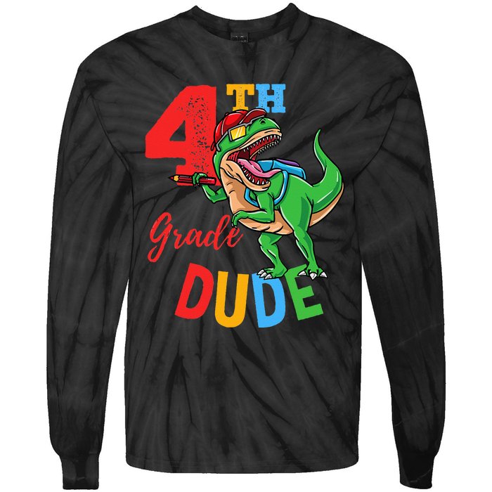 4th Grade Dude TRex Dinosaur Back To School Tie-Dye Long Sleeve Shirt