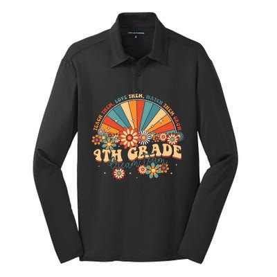 4th Grade Dream Team Groovy Rainbow Back To School Teacher Silk Touch Performance Long Sleeve Polo