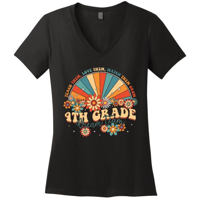 4th Grade Dream Team Groovy Rainbow Back To School Teacher Women's V-Neck T-Shirt