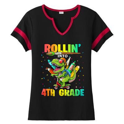 4th Grade Dinosaur Back To School First Day Of School Boy Ladies Halftime Notch Neck Tee