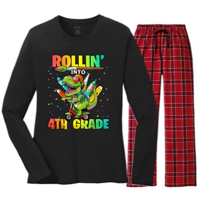 4th Grade Dinosaur Back To School First Day Of School Boy Women's Long Sleeve Flannel Pajama Set 