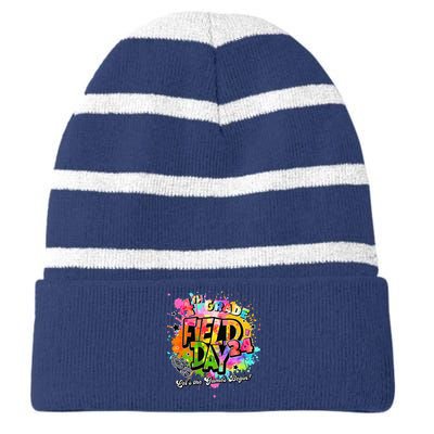 4th Grade Field Day 2024 Let The Games Begin Teachers Striped Beanie with Solid Band