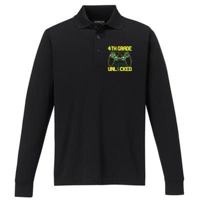 4th Grade Level Unlocked Gamer First Day Of School Boy Performance Long Sleeve Polo