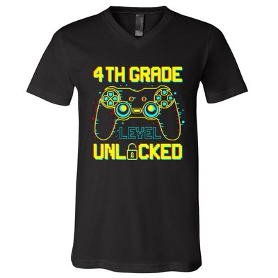 4th Grade Level Unlocked Gamer First Day Of School Boy V-Neck T-Shirt