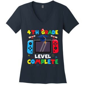 4th Grade Level Complete Graduation Class Of 2024 Boy Gamer Women's V-Neck T-Shirt