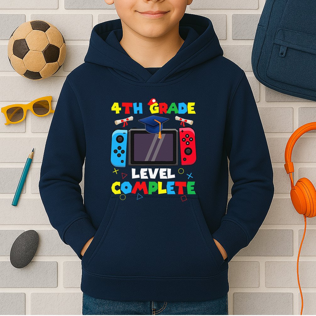 4th Grade Level Complete Graduation Class Of 2024 Boy Gamer Kids Hoodie