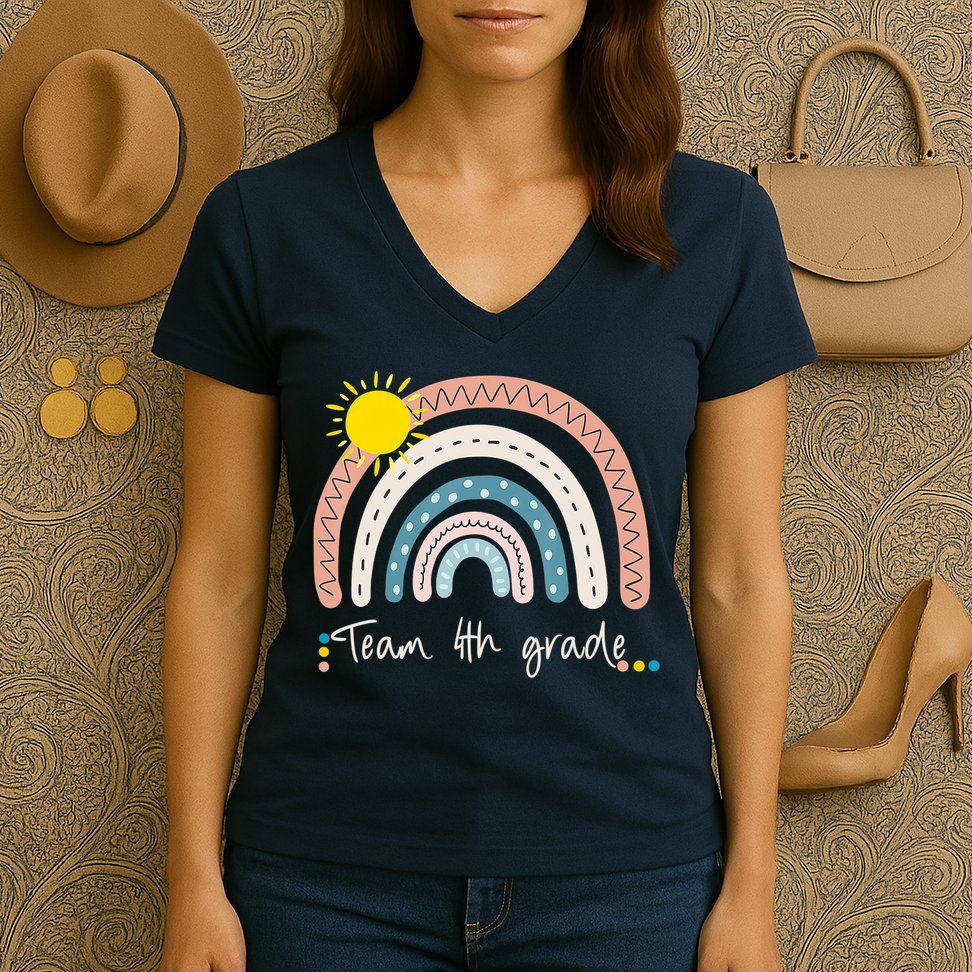 4Th Grade Of Team PreK Squad Crew Teacher Rainbow Women's V-Neck T-Shirt