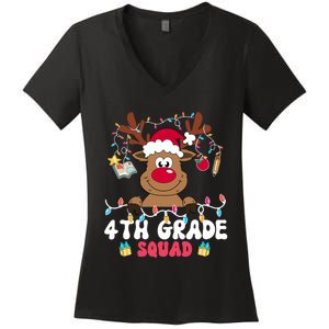 4th Grade Squad Reindeer Christmas Fourth Grade Teacher Xmas Women's V-Neck T-Shirt