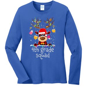 4th Grade Squad Plaid Reindeer Santa Hat Teacher Christmas Ladies Long Sleeve Shirt