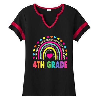 4th Grade Teacher Leopard Rainbow Back To School Girl Boy Ladies Halftime Notch Neck Tee