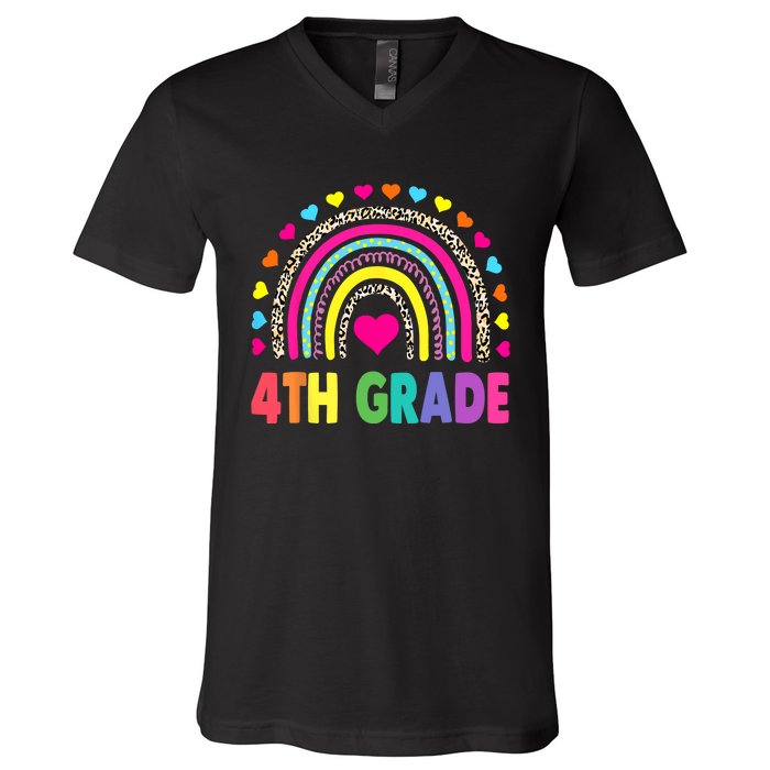 4th Grade Teacher Leopard Rainbow Back To School Girl Boy V-Neck T-Shirt