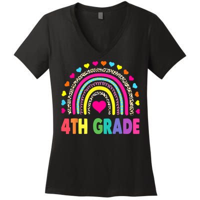 4th Grade Teacher Leopard Rainbow Back To School Girl Boy Women's V-Neck T-Shirt