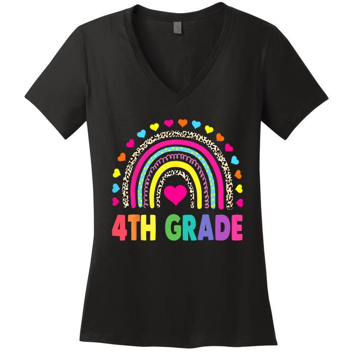 4th Grade Teacher Leopard Rainbow Back To School Girl Boy Women's V-Neck T-Shirt