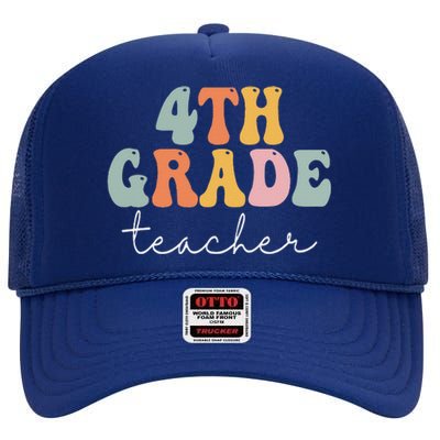 4th Grade Teacher Retro Groovy Vintage First Day Of School High Crown Mesh Back Trucker Hat