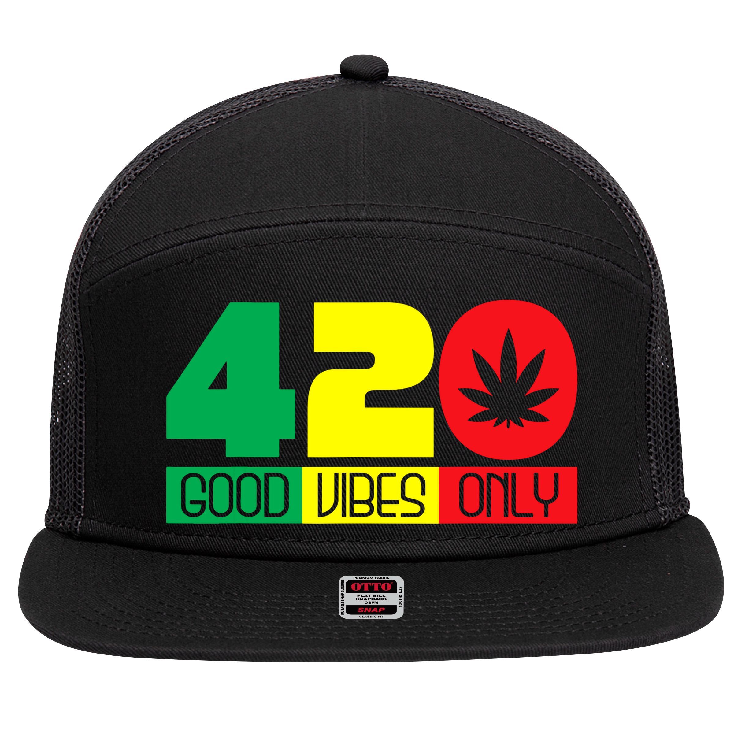 420 Good Vibes Only Rasta Reggae Marijuana Weed Cannabis 7 Panel Mesh Trucker Snapback Hat