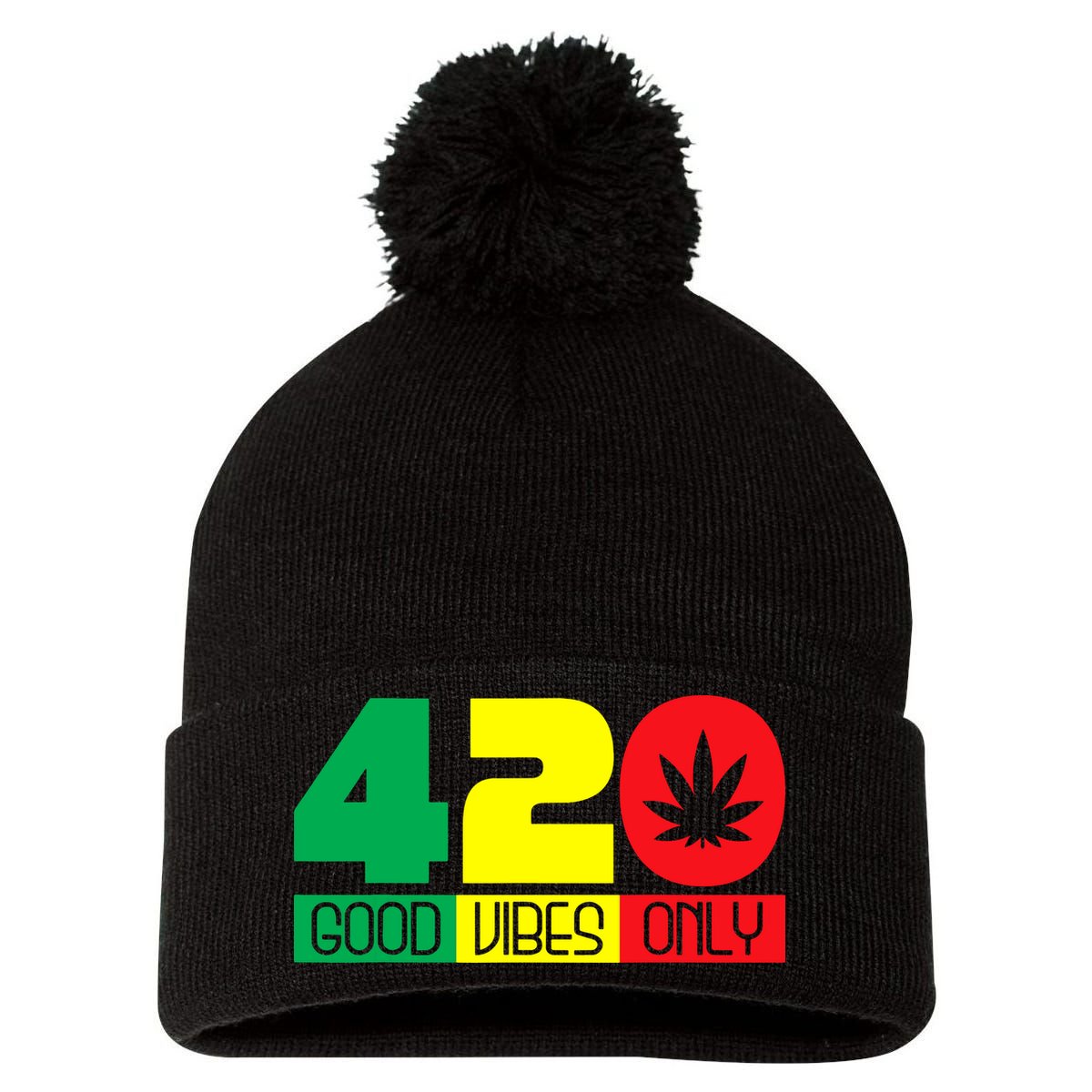 420 Good Vibes Only Rasta Reggae Marijuana Weed Cannabis Pom Pom 12in Knit Beanie