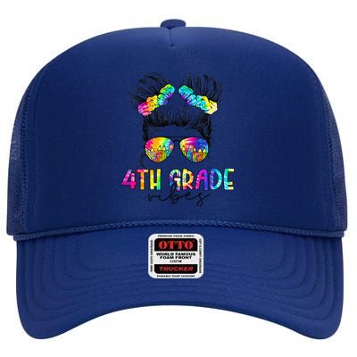 4th Grade Vibes Messy Hair Bun Back To School First Day Funny High Crown Mesh Back Trucker Hat