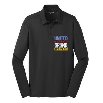 4th July American Holiday United We Stand Drunk We Fall Silk Touch Performance Long Sleeve Polo