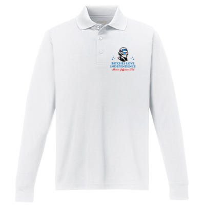 4th July Bitches Love Independence Thomas Jefferson Founding Performance Long Sleeve Polo