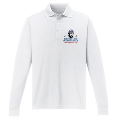 4th July Bitches Love Independence Thomas Jefferson Founding Performance Long Sleeve Polo