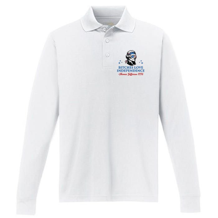 4th July Bitches Love Independence Thomas Jefferson Founding Performance Long Sleeve Polo