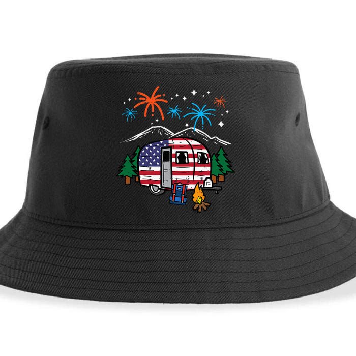 4th July Camper Van US Flag Patriotic Camping Sustainable Bucket Hat