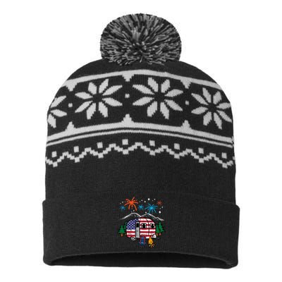 4th July Camper Van US Flag Patriotic Camping USA-Made Snowflake Beanie