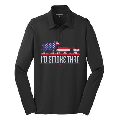 4th July I'd Smoke That Patriot BBQ Barbeque Cook Chef Silk Touch Performance Long Sleeve Polo