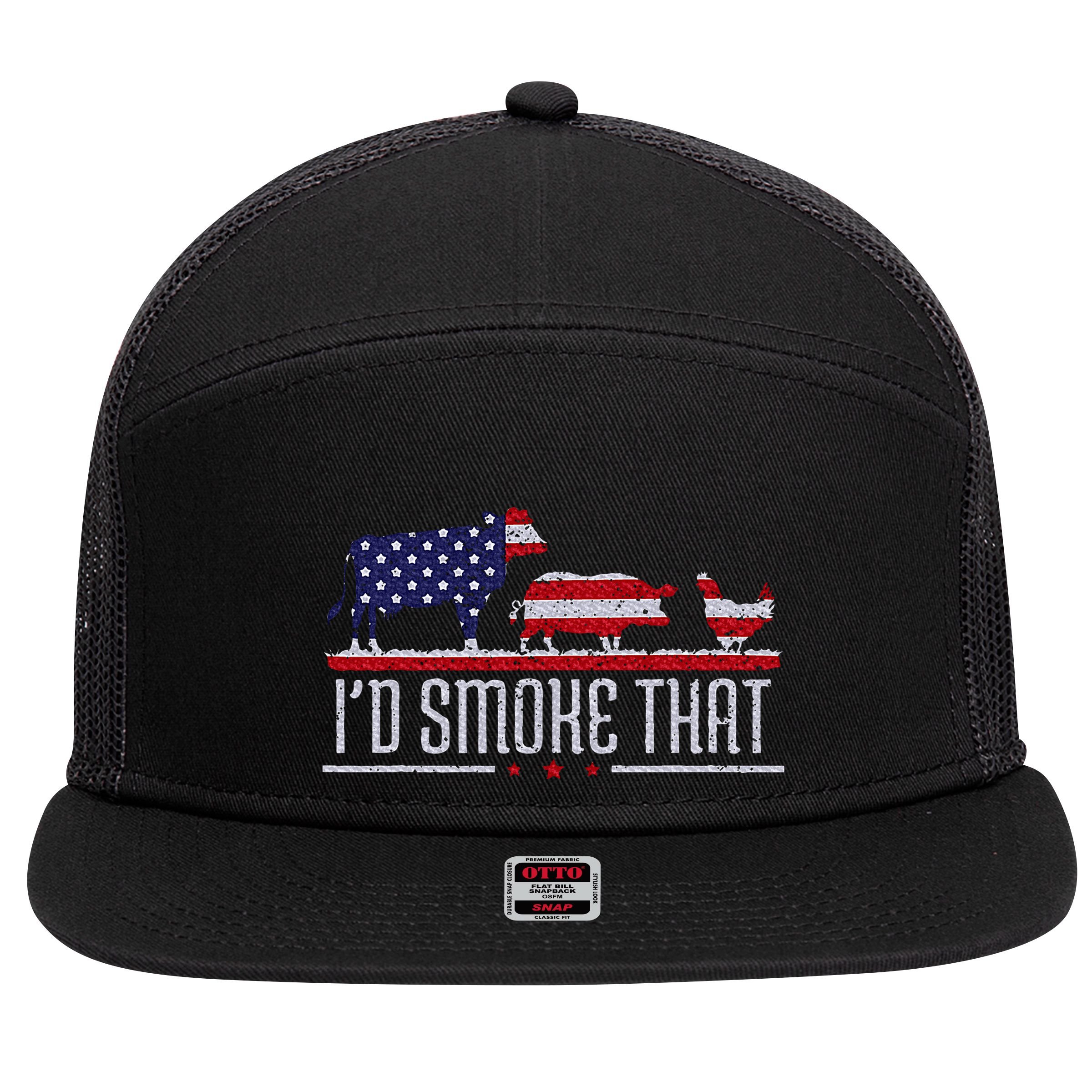 4th July I'd Smoke That Patriot BBQ Barbeque Cook Chef 7 Panel Mesh Trucker Snapback Hat