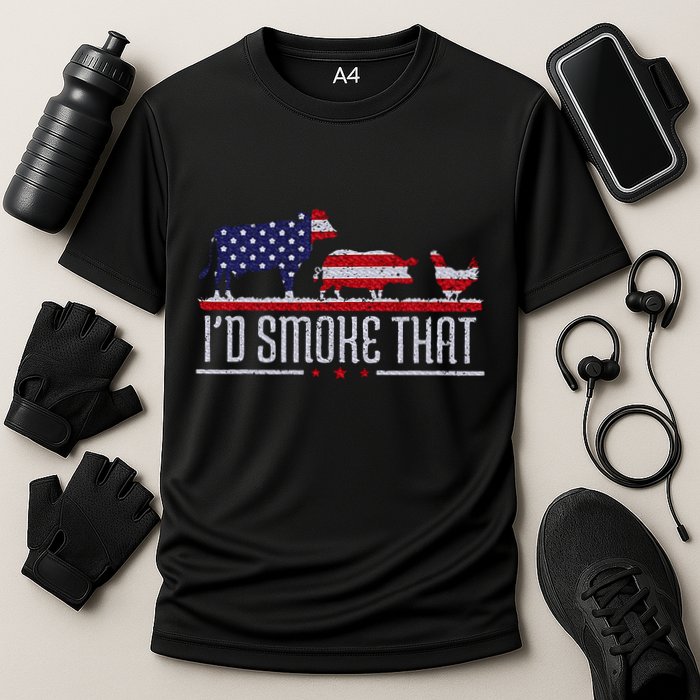 4th July I'd Smoke That Patriot BBQ Barbeque Cook Chef Cooling Performance Crew T-Shirt