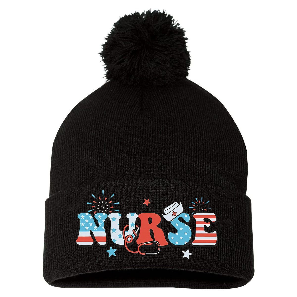 4th July Nurse American Nurse Independence Day Nurse Pom Pom 12in Knit Beanie