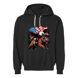 4th July Patriotic Bear Eagle American Usa Flag Garment-Dyed Fleece Hoodie