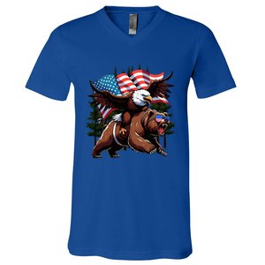 4th July Patriotic Bear Eagle American Usa Flag V-Neck T-Shirt