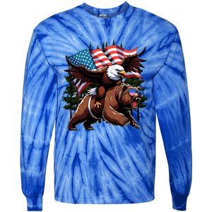 4th July Patriotic Bear Eagle American Usa Flag Tie-Dye Long Sleeve Shirt