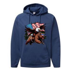 4th July Patriotic Bear Eagle American Usa Flag Performance Fleece Hoodie