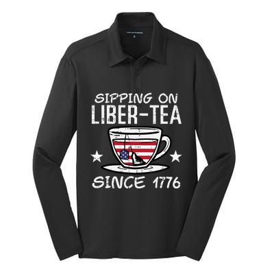 4th July Sipping Liber Tea Since 1776 USA America Silk Touch Performance Long Sleeve Polo