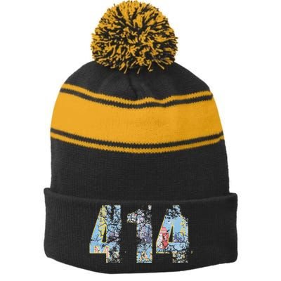 414 Milwaukee Flag Wisconsin Men Women Kids Stripe Pom Pom Beanie