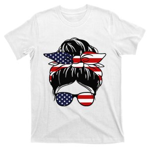 4th Of July Messy Bun July American Flag  T-Shirt